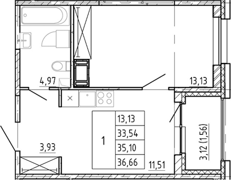 1-комнатная квартира 33.54 м², 8/12 эт., ЖК «Полис Новоселье»